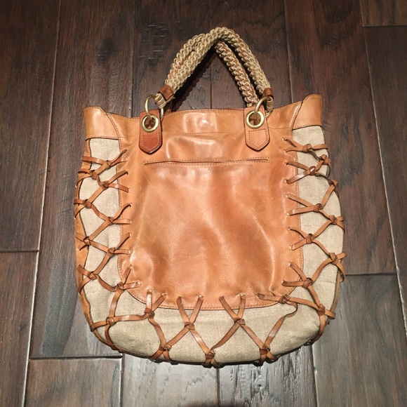 ❤️Gryson Brown Leather Handbag Tote Canvas Large - Picture 5 of 7